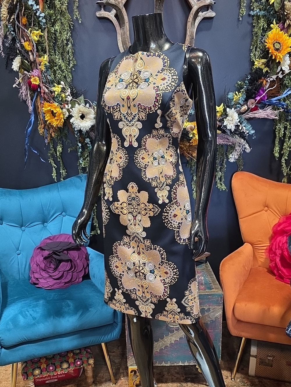 New York & Company Black Midi Dress with Gold Medallion Print